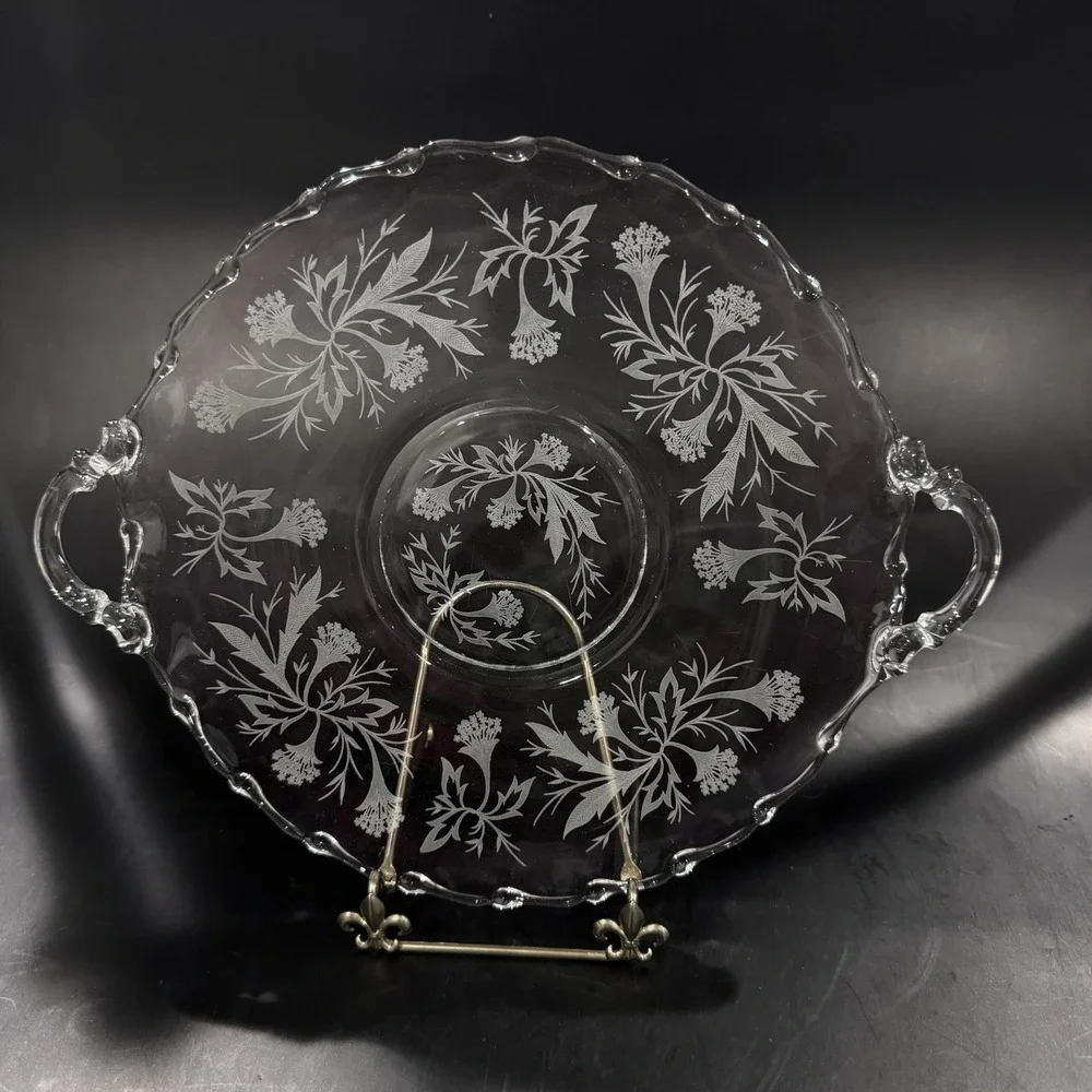 Vintage 9' Pressed Glass Serving Plate w Handles Floral Pattern‎ Scalloped Edge